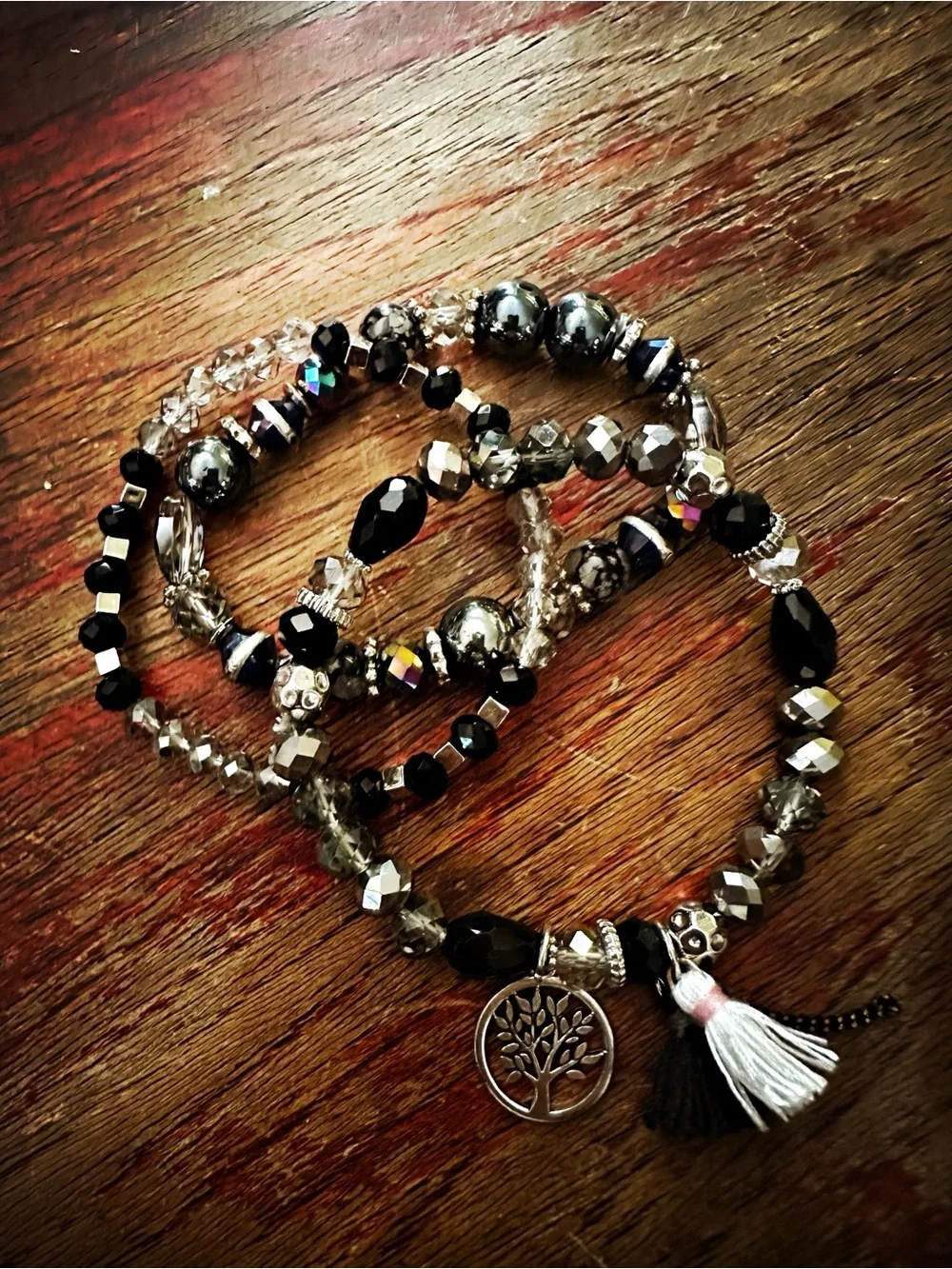 Black Crystal Tree Charm Bracelet Trio